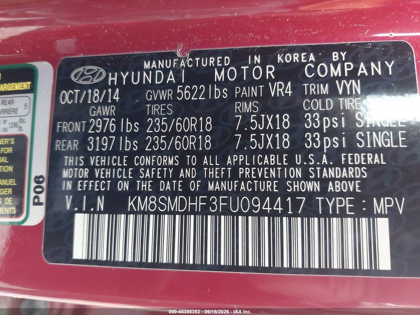 2015 Hyundai Santa fe VIN KM8SMDHF3FU094417 IAAI salvage auction — NORMAL WEAR, Original (Texas), sold $1,450 on 2026-07-15 (photo 9)