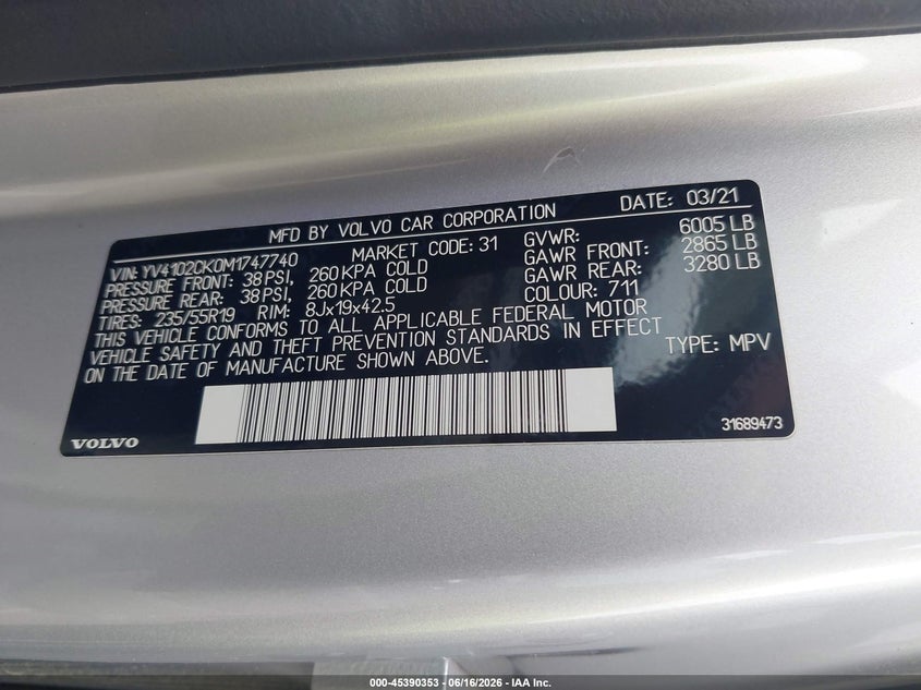 2021 Volvo Xc90 VIN YV4102CK0M1747740 IAAI salvage auction — SUSPENSION, Salvage Title, sold $325 on 2026-07-29 (photo 9)