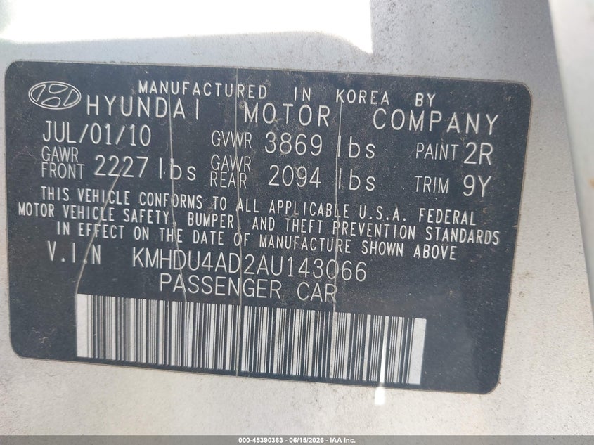 2010 Hyundai Elantra VIN KMHDU4AD2AU143066 IAAI salvage auction — NORMAL WEAR, Original (Ohio), sold $25 on 2026-07-15 (photo 9)