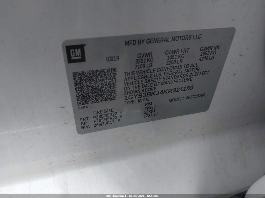 2019 Cadillac Escalade VIN 1GYS3BKJ4KR321159 IAAI salvage auction — RIGHT FRONT, Original (Texas), sold $8,650 on 2026-09-23 (photo 9)