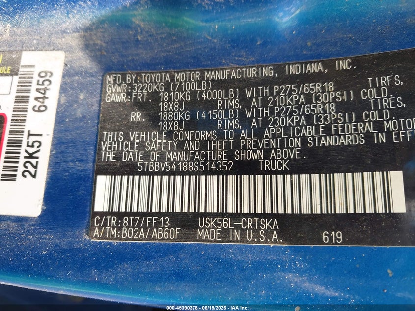 2008 Toyota Tundra VIN 5TBBV54188S514352 IAAI salvage auction — NORMAL WEAR, Clear (New York), sold $2,650 on 2026-07-14 (photo 9)