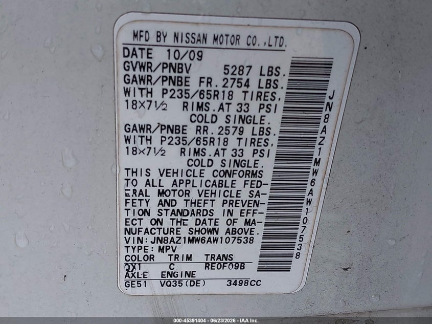2010 Nissan Murano VIN JN8AZ1MW6AW107538 IAAI salvage auction — FRONT END, Clear (Florida), sold $225 on 2026-07-22 (photo 9)