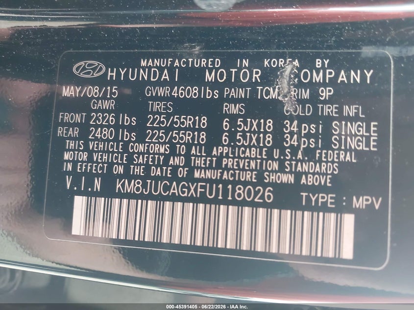 2015 Hyundai Tucson VIN KM8JUCAGXFU118026 IAAI salvage auction — RIGHT FRONT, Salvage Title, sold $725 on 2026-07-24 (photo 9)