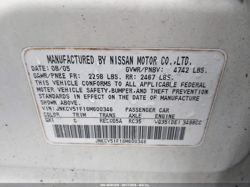 2006 Infiniti G35 VIN JNKCV51F16M600346 IAAI salvage auction — SIDE, Repossession Paperwork (Georgia), sold $1,050 on 2026-07-07 (photo 9)