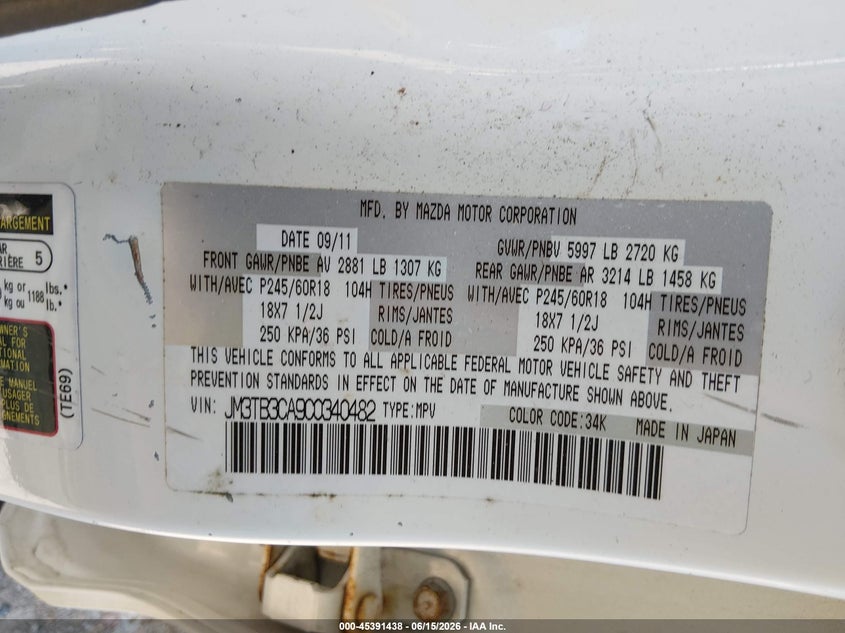 2012 Mazda Cx-9 VIN JM3TB3CA9C0340482 IAAI salvage auction — NORMAL WEAR, Clear (Maryland), sold $350 on 2026-07-09 (photo 9)