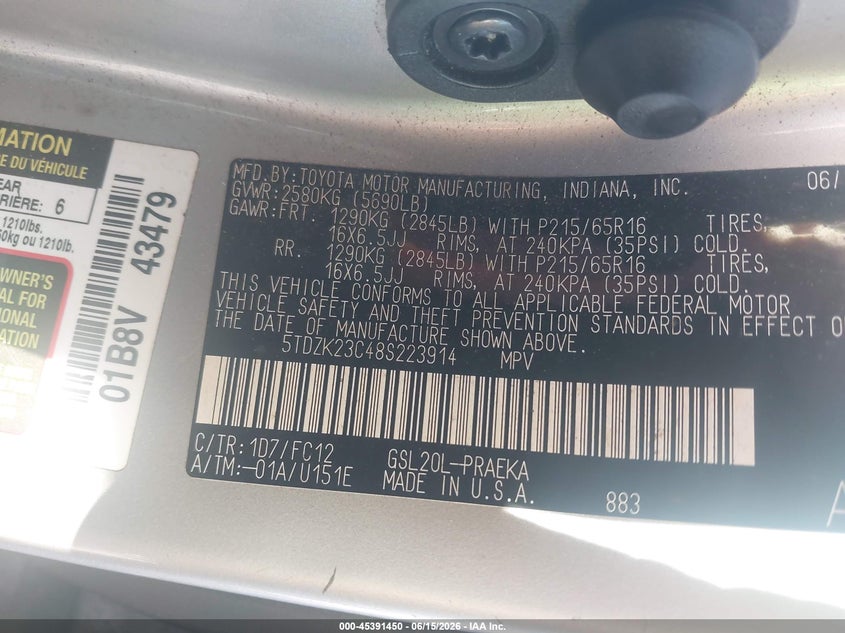 2008 Toyota Sienna VIN 5TDZK23C48S223914 IAAI salvage auction — NORMAL WEAR, Clear (South Carolina), sold $600 on 2026-07-14 (photo 9)