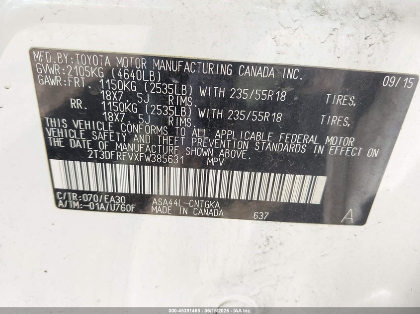 2015 Toyota Rav 4 VIN 2T3DFREVXFW385631 IAAI salvage auction — FRONT END, Salvage (Pennsylvania), sold $4,850 on 2026-07-09 (photo 9)