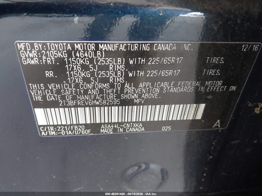 2017 Toyota Rav 4 VIN 2T3BFREV6HW582595 IAAI salvage auction — NORMAL WEAR, Salvage Title, sold $3,450 on 2026-07-25 (photo 9)
