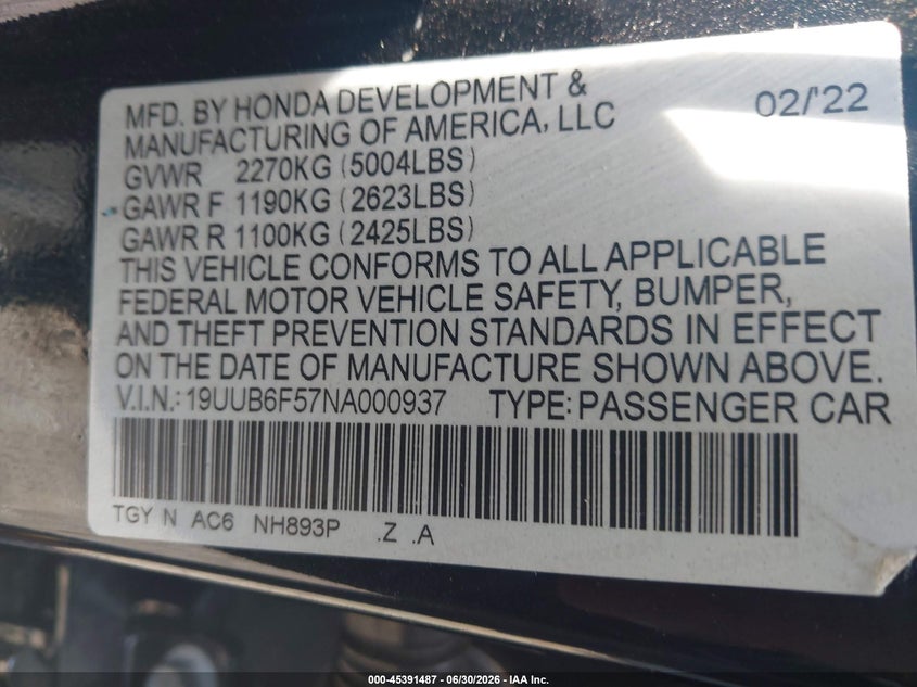 2022 Acura Tlx VIN 19UUB6F57NA000937 IAAI salvage auction — THEFT, Salvage (New Jersey), sold $14,975 on 2026-07-15 (photo 9)