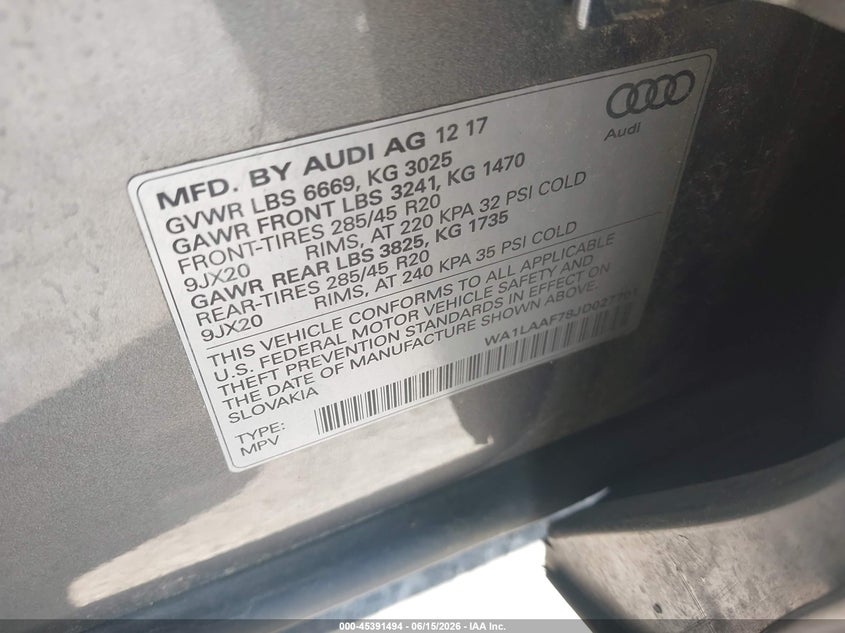 2018 Audi Q7 VIN WA1LAAF78JD027701 IAAI salvage auction — FRONT END, Salvage Title, sold $6,100 on 2026-07-24 (photo 9)