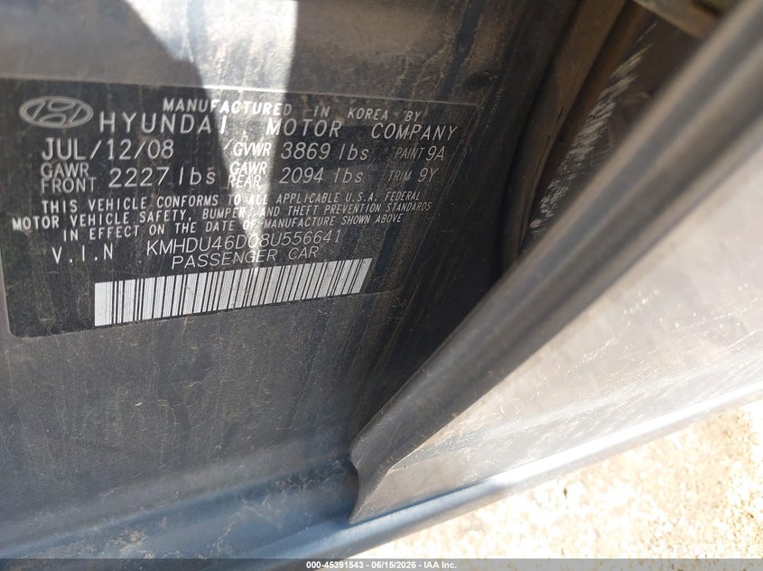 2008 Hyundai Elantra VIN KMHDU46D08U556641 IAAI salvage auction — RIGHT FRONT, Clear (Arizona), sold $25 on 2026-07-30 (photo 9)