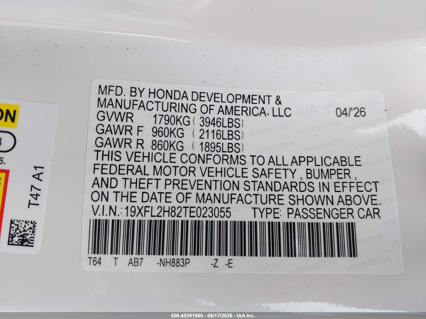 2026 Honda Civic VIN 19XFL2H82TE023055 IAAI salvage auction — FRONT END, Salvage Title, sold $7,600 on 2026-07-30 (photo 9)