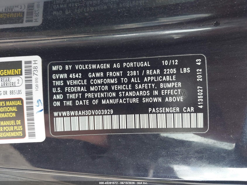 2013 Volkswagen Eos VIN WVWBW8AH3DV003929 IAAI salvage auction — REAR END, Salvage (Pennsylvania), sold $1,200 on 2026-07-07 (photo 9)