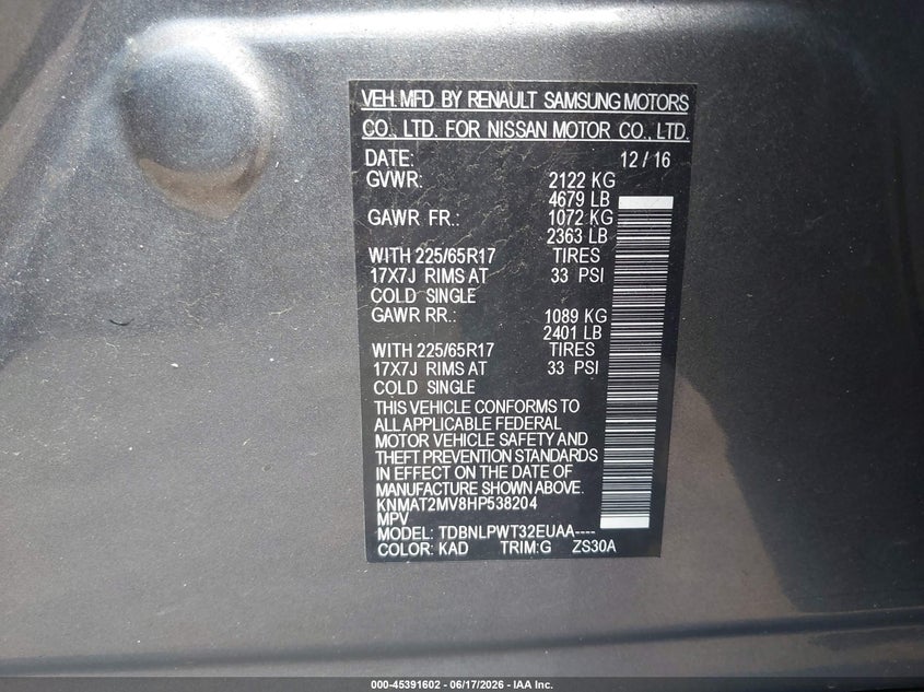 2017 Nissan Rogue VIN KNMAT2MV8HP538204 IAAI salvage auction — FRONT END, Salvage (Idaho), sold $1,800 on 2026-07-15 (photo 9)