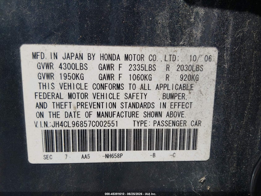 2007 Acura Tsx VIN JH4CL96857C002551 IAAI salvage auction — NORMAL WEAR, Clear (Missouri), sold $275 on 2026-07-28 (photo 9)