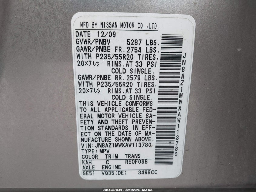 2010 Nissan Murano VIN JN8AZ1MWXAW113780 IAAI salvage auction — RIGHT FRONT, Clear (Kansas), sold $400 on 2026-07-31 (photo 9)