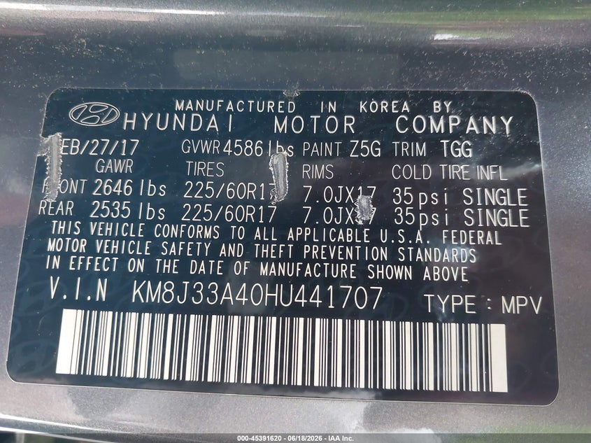 2017 Hyundai Tucson VIN KM8J33A40HU441707 IAAI salvage auction — FRONT END, Salvage Title, sold $3,350 on 2026-08-01 (photo 9)