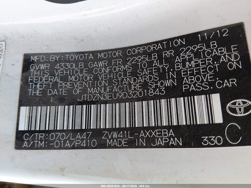 2013 Toyota VIN JTDZN3EU9D3201843 IAAI salvage auction — FRONT END, Salvage (Kansas), sold $2,250 on 2026-07-11 (photo 9)