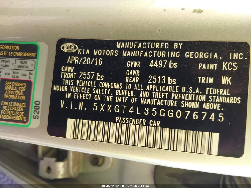 2016 Kia Optima VIN 5XXGT4L35GG076745 IAAI salvage auction — UNKNOWN, Salvage Title, sold $1,150 on 2026-07-23 (photo 9)