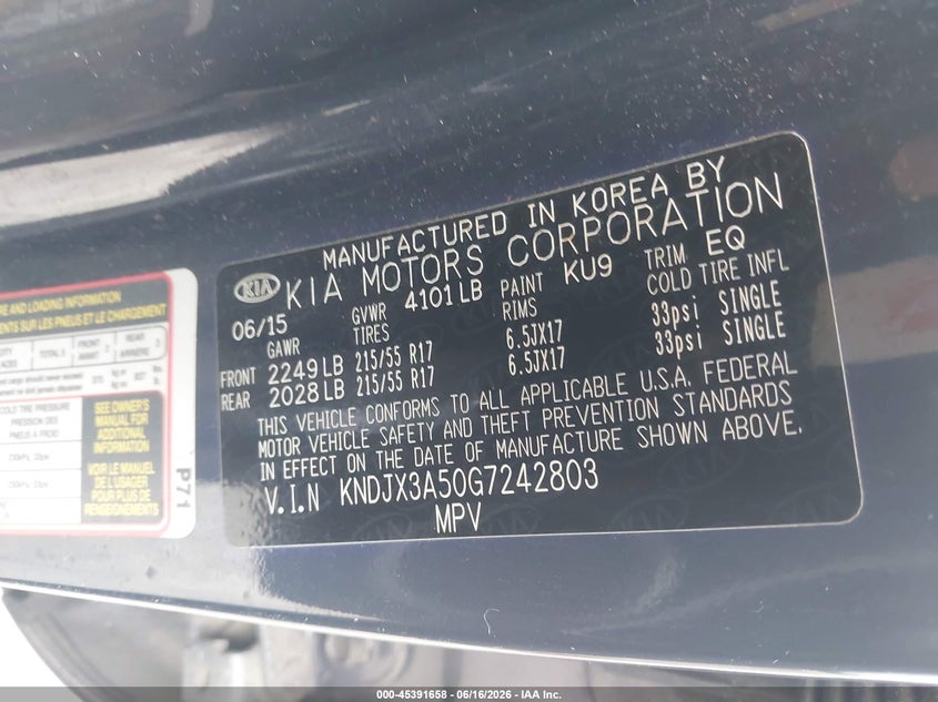 2016 Kia Soul VIN KNDJX3A50G7242803 IAAI salvage auction — ROLLOVER, Salvage (Georgia), sold $300 on 2026-07-28 (photo 9)
