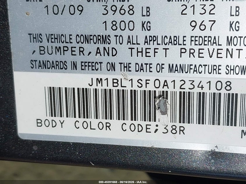 2010 Mazda 3 VIN JM1BL1SF0A1234108 IAAI salvage auction — REAR END, Clear (Virginia), sold $25 on 2026-07-30 (photo 9)
