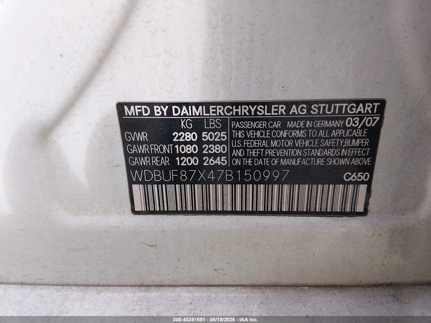 2007 Mercedes-benz E-class VIN WDBUF87X47B150997 IAAI salvage auction — SIDE, Clear (Virginia), sold $350 on 2026-07-09 (photo 9)
