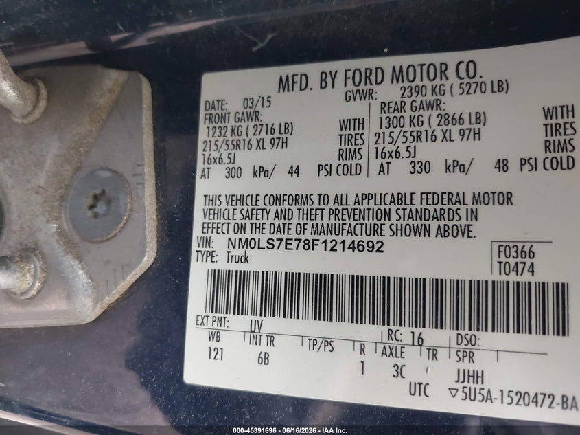 2015 Ford Transit connect VIN NM0LS7E78F1214692 IAAI salvage auction — NORMAL WEAR, Enterprise Vehicles Clear Only (Virginia), sold $875 on 2026-07-09 (photo 9)