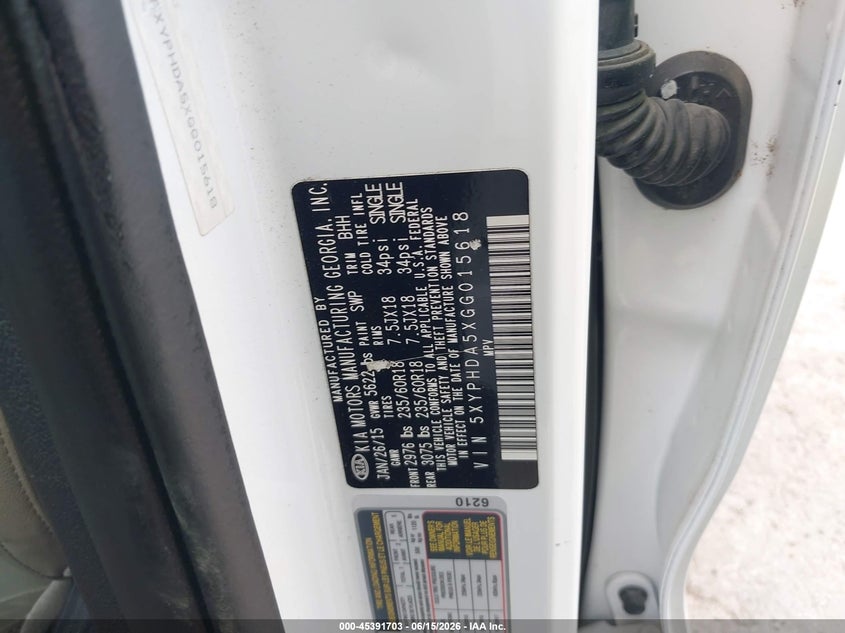 2016 Kia Sorento VIN 5XYPHDA5XGG015618 IAAI salvage auction — NORMAL WEAR, Original (Texas), sold $1,350 on 2026-07-29 (photo 9)