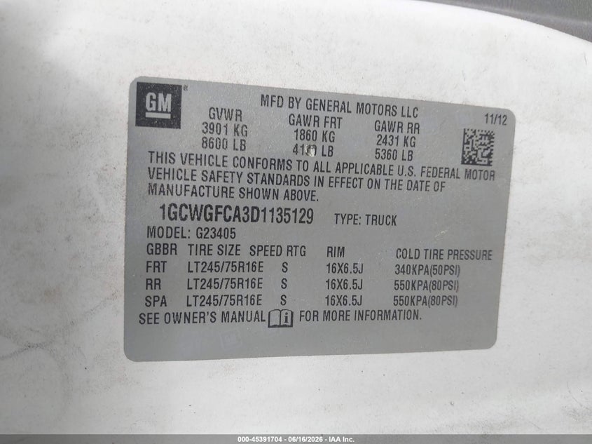 2013 Chevrolet Express VIN 1GCWGFCA3D1135129 IAAI salvage auction — NORMAL WEAR, Enterprise Vehicles Clear Only (Virginia), sold $700 on 2026-07-02 (photo 9)