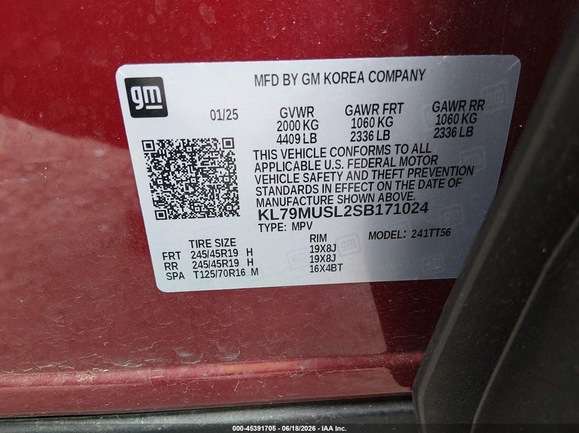 2025 Chevrolet Trailblazer VIN KL79MUSL2SB171024 IAAI salvage auction — UNKNOWN, Salvage (Delaware), sold $7,450 on 2026-07-06 (photo 9)