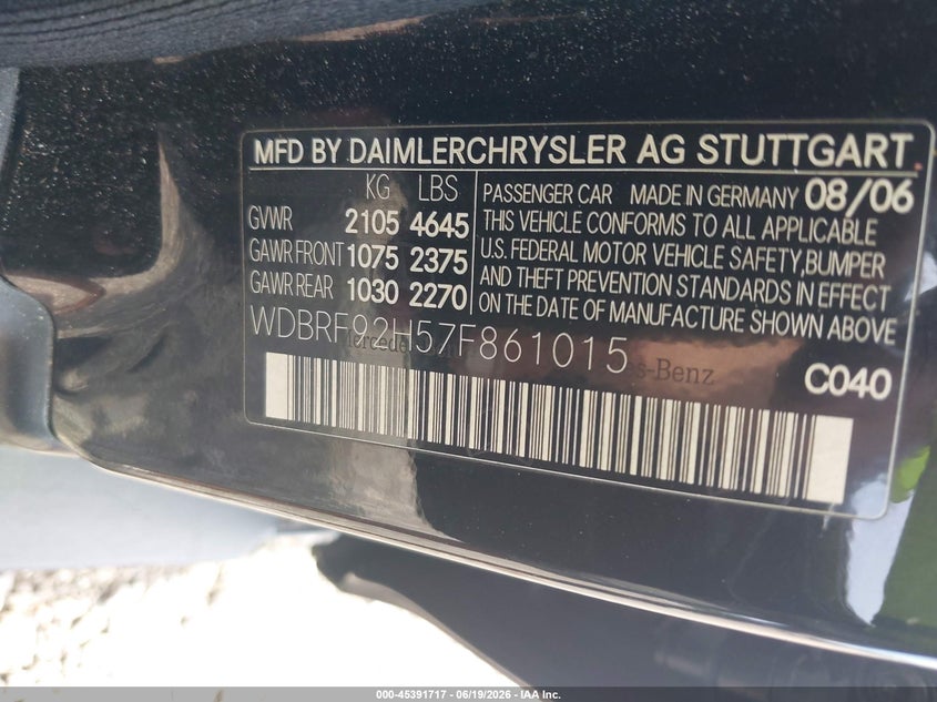 2007 Mercedes-benz C class VIN WDBRF92H57F861015 IAAI salvage auction — FRONT END, Mv-907A (New York), sold $450 on 2026-07-14 (photo 9)