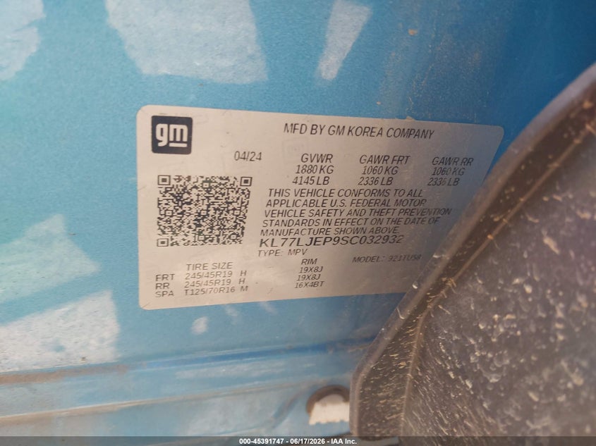 2025 Chevrolet Trax VIN KL77LJEP9SC032932 IAAI salvage auction — LEFT FRONT, Salvage Title, sold $1,300 on 2026-07-29 (photo 9)