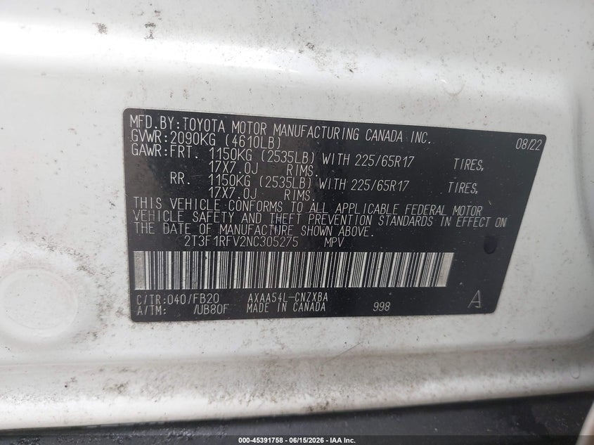 2022 Toyota Rav 4 VIN 2T3F1RFV2NC305275 IAAI salvage auction — SIDE, Salvage Title, sold $7,900 on 2026-08-21 (photo 9)