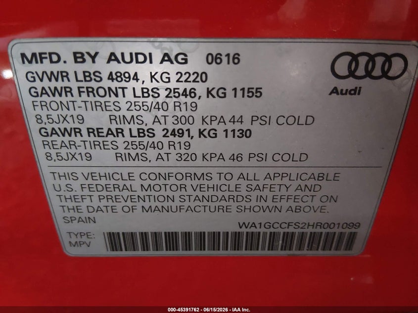 2017 Audi Q3 VIN WA1GCCFS2HR001099 IAAI salvage auction — FRONT END, Salvage Title, sold $1,850 on 2026-07-16 (photo 9)