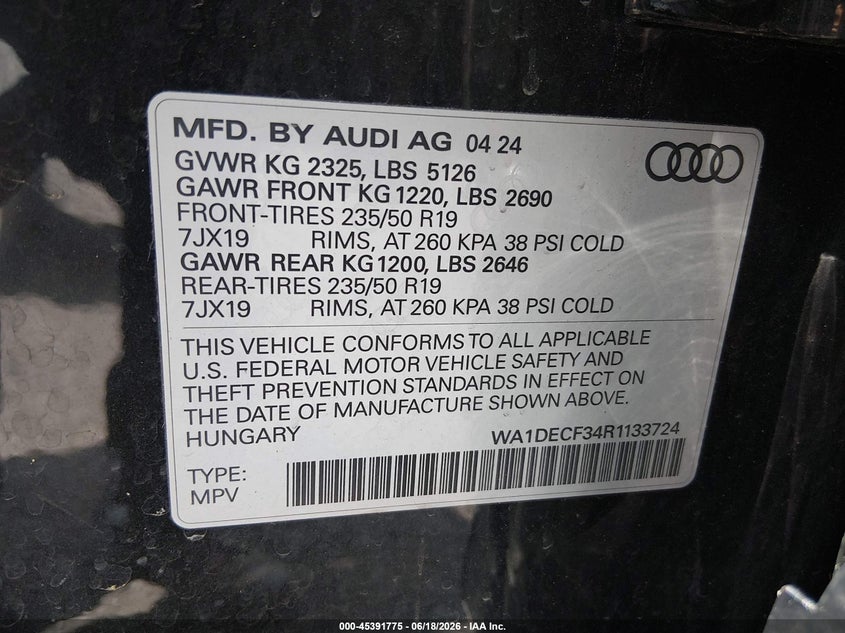 2024 Audi Q3 VIN WA1DECF34R1133724 IAAI salvage auction — RIGHT FRONT, Salvage (Pennsylvania), sold $12,700 on 2026-07-21 (photo 9)