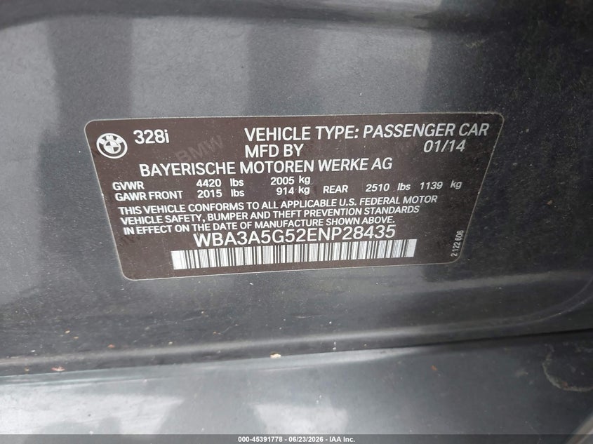 2014 BMW VIN WBA3A5G52ENP28435 IAAI salvage auction — FRONT END, Clear (Virginia), sold $1,900 on 2026-08-02 (photo 9)