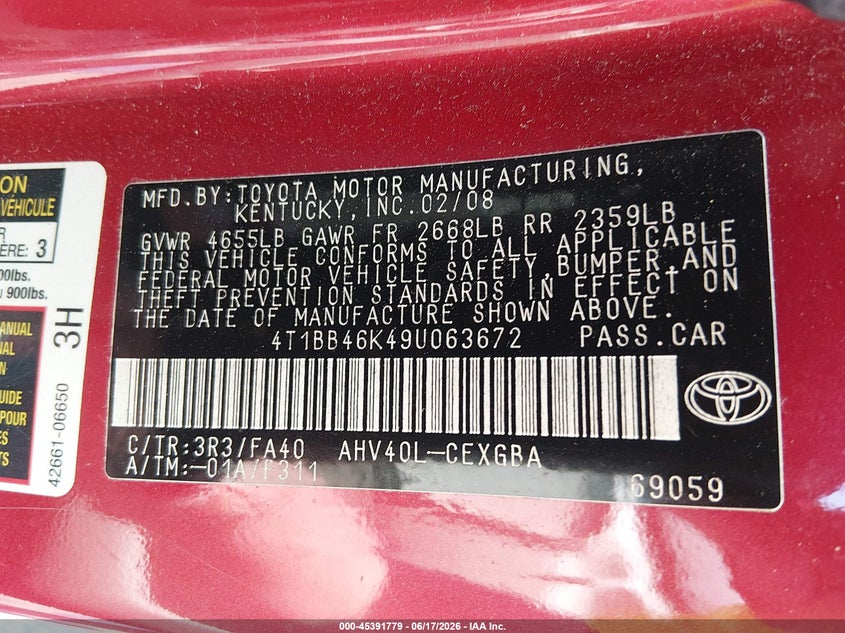 2009 Toyota Camry hybrid VIN 4T1BB46K49U063672 IAAI salvage auction — REAR END, Salvage (North Carolina), sold $400 on 2026-07-09 (photo 9)
