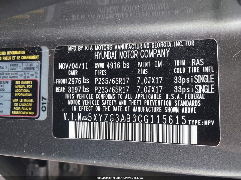 2012 Hyundai Santa fe VIN 5XYZG3AB3CG115615 IAAI salvage auction — HAIL, Salvage (Kansas), sold $825 on 2026-07-12 (photo 9)