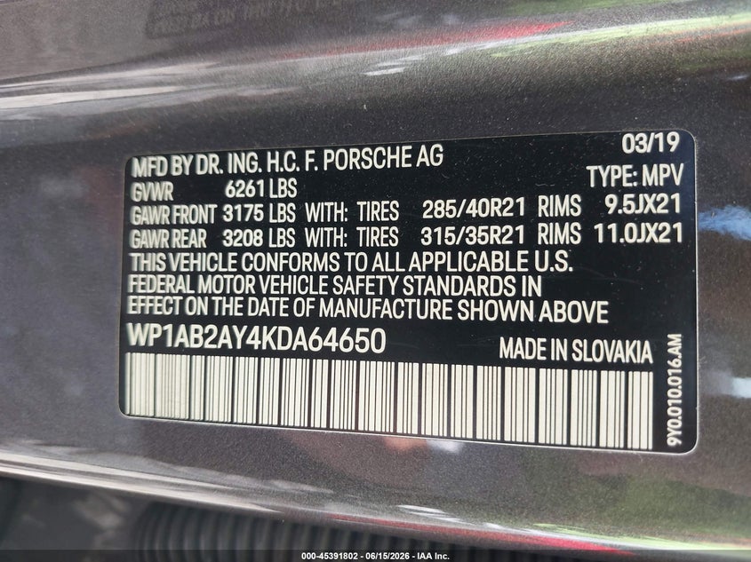 2019 Porsche Cayenne VIN WP1AB2AY4KDA64650 IAAI salvage auction — RIGHT FRONT, Salvage (Illinois), sold $16,300 on 2026-07-22 (photo 9)