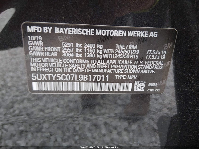 2020 BMW X3 VIN 5UXTY5C07L9B17011 IAAI salvage auction — SIDE, Salvage (Alabama), sold $13,300 on 2026-07-08 (photo 9)