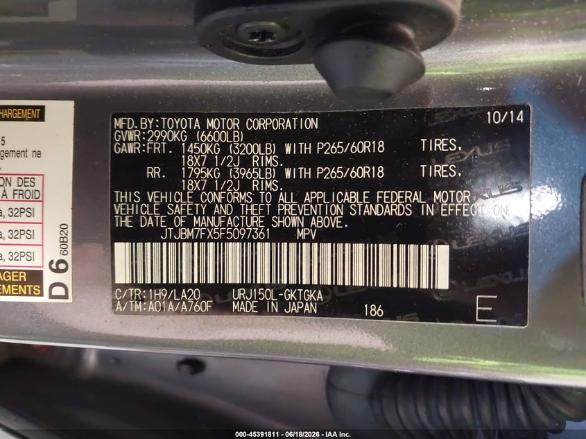 2015 Lexus Gx VIN JTJBM7FX5F5097361 IAAI salvage auction — FRONT END, Salvage Title, sold $7,900 on 2026-07-28 (photo 9)