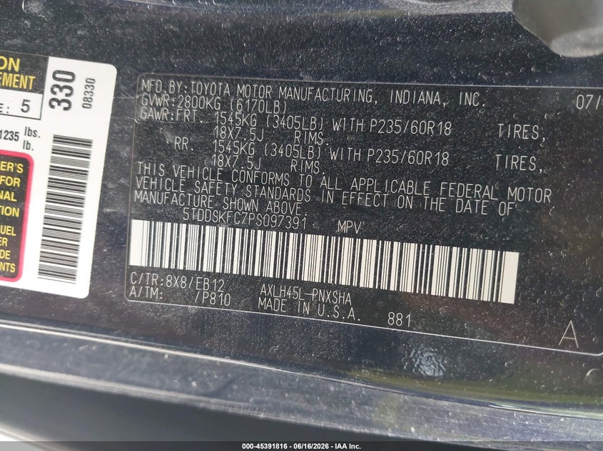 2023 Toyota Sienna VIN 5TDDSKFC7PS097391 IAAI salvage auction — LEFT SIDE, Salvage (Indiana), sold $18,525 on 2026-07-29 (photo 9)