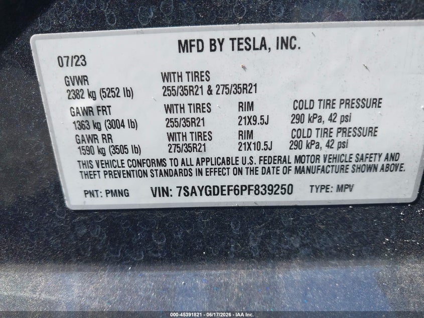 2023 Tesla Model y VIN 7SAYGDEF6PF839250 IAAI salvage auction — RIGHT SIDE, Salvage Title, sold $11,800 on 2026-07-30 (photo 9)
