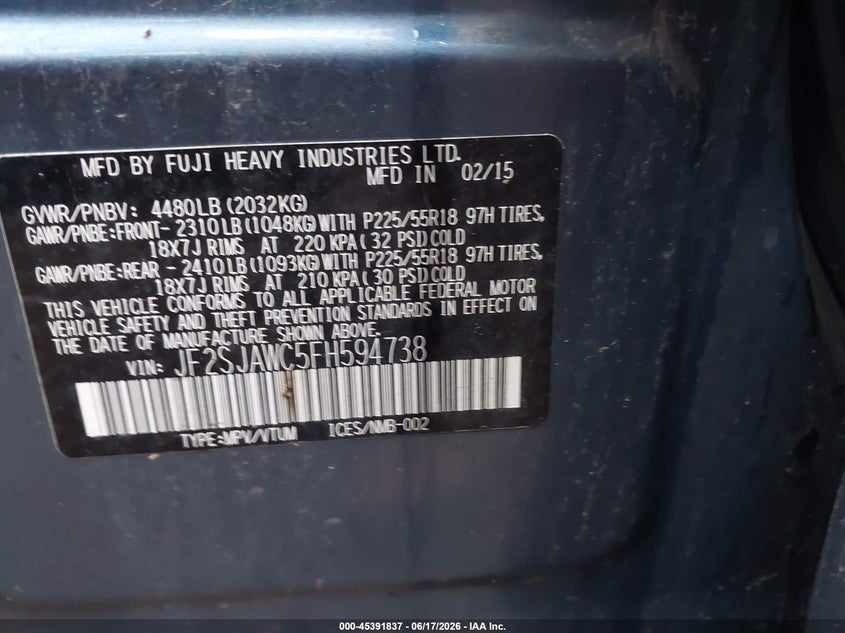 2015 Subaru Forester VIN JF2SJAWC5FH594738 IAAI salvage auction — HAIL, Salvage (Illinois), sold $300 on 2026-07-22 (photo 9)