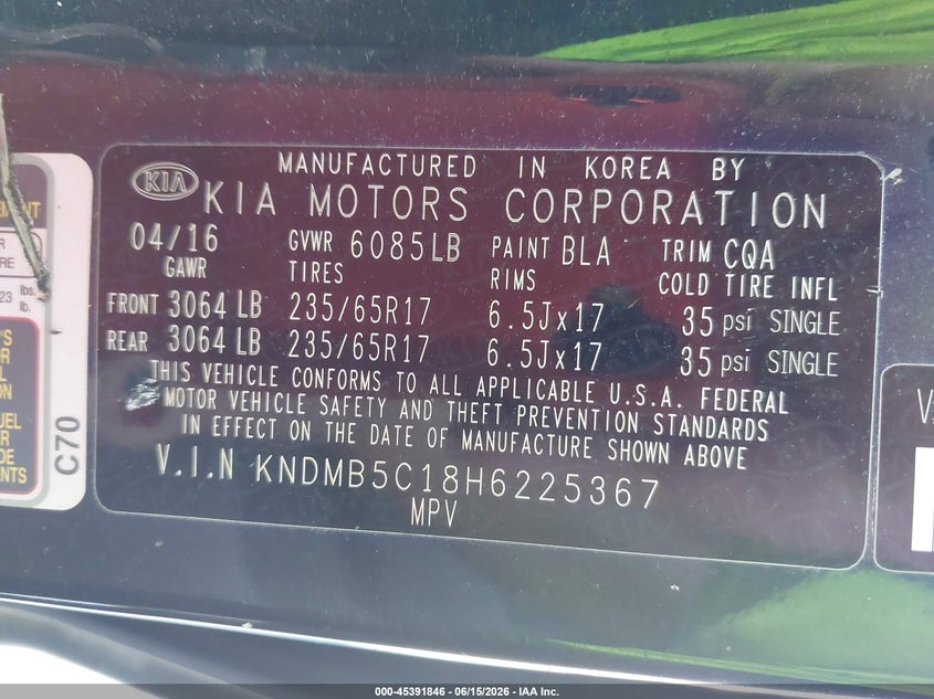2017 Kia SEDONA VIN KNDMB5C18H6225367 IAAI salvage auction — NORMAL WEAR, Clear (Alabama), sold $1,000 on 2026-07-27 (photo 9)