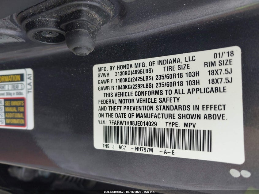 2018 Honda Cr-v VIN 7FARW1H88JE014029 IAAI salvage auction — FRONT END, Salvage (Georgia), sold $6,400 on 2026-07-21 (photo 9)