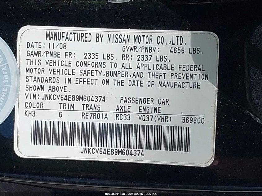 2009 Infiniti G37 VIN JNKCV64E89M604374 IAAI salvage auction — FRONT END, Rebuildable (Florida), sold $1,550 on 2026-07-20 (photo 9)
