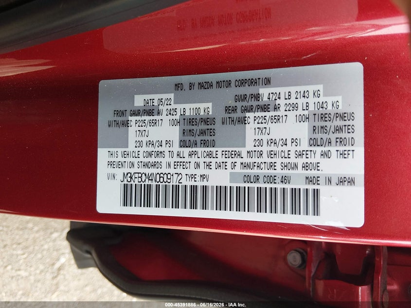 2022 Mazda Cx-5 VIN JM3KFBCM4N0609172 IAAI salvage auction — FRONT END, Salvage Title, sold $2,500 on 2026-07-22 (photo 9)