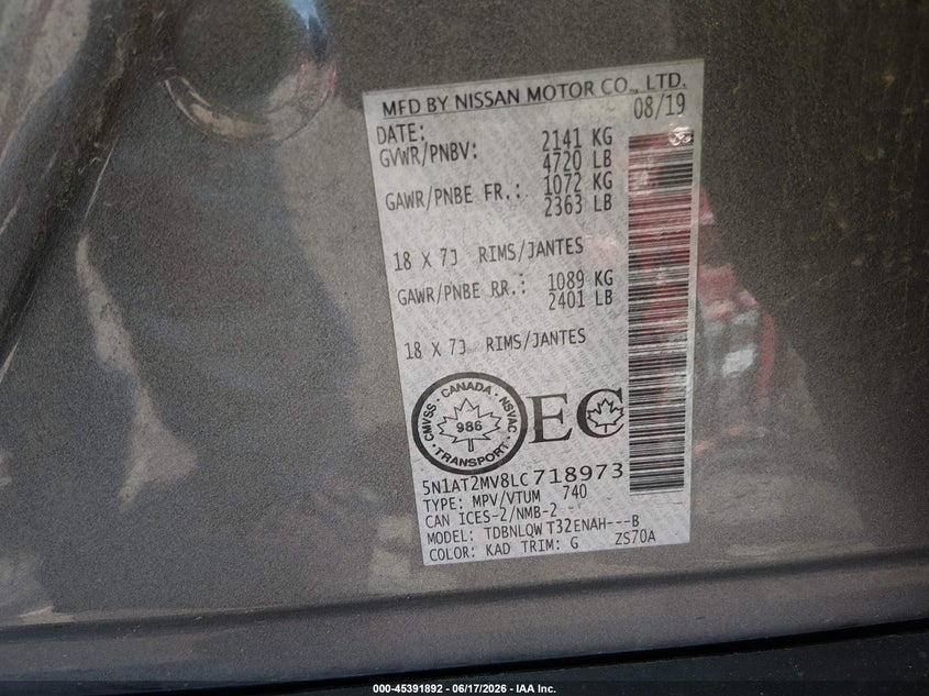 2020 Nissan Rogue VIN 5N1AT2MV8LC718973 IAAI salvage auction — LEFT FRONT, Salvage Title, sold $3,650 on 2026-07-17 (photo 9)