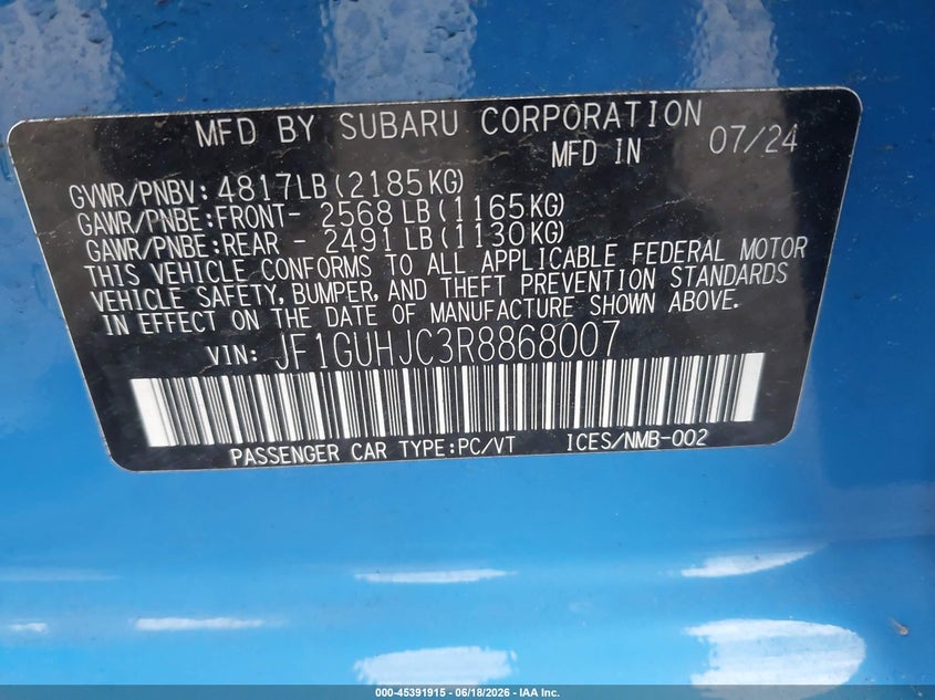 2024 Subaru Impreza VIN JF1GUHJC3R8868007 IAAI salvage auction — RIGHT FRONT, Salvage Title, sold $1,200 on 2026-08-01 (photo 9)